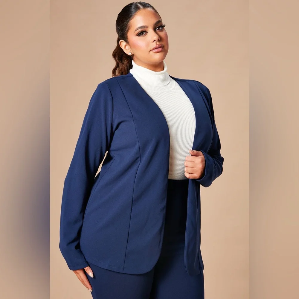 (B4) NWT Fashion Nova Navy Blue‎ Shoulder Pad Career Open Blazer Jacket M